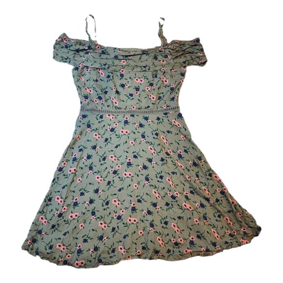NWT Verte Olive Green Pink Floral Summer Cold Shoulder Pretty Dress Size: Large - Picture 5 of 10